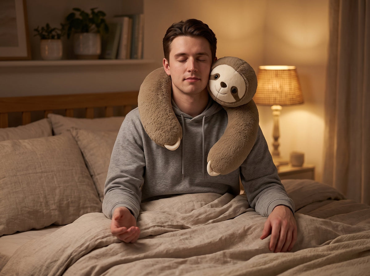 Homme détendu au lit avec CALMIO Léo le Paresseux autour du cou