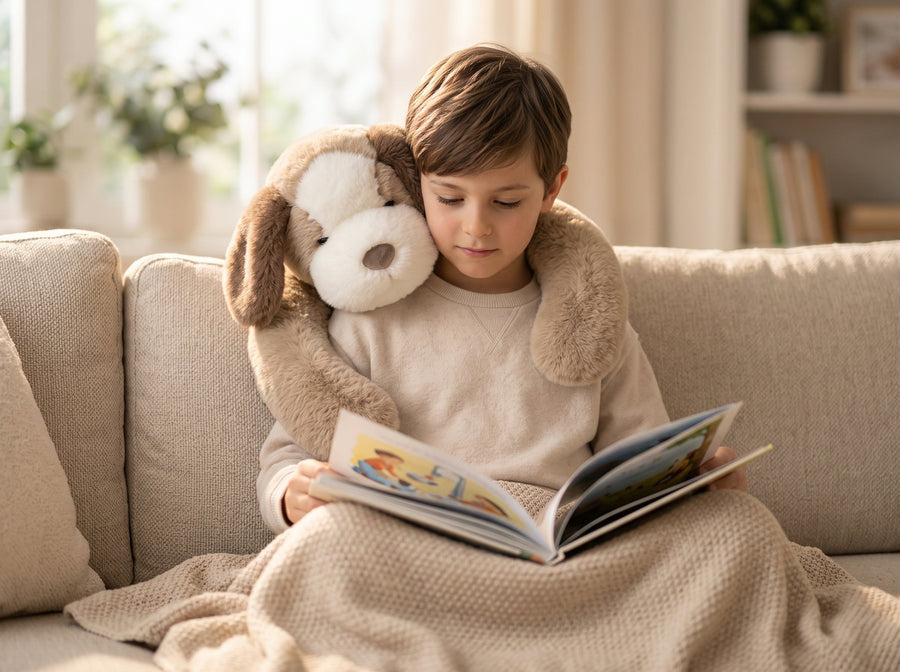 Garçon qui lit avec CALMIO Doug le Chien autour des épaules